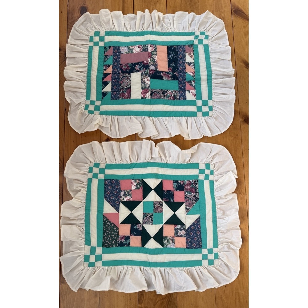 2 Pillow Shams Ruffled Patchwork Quilted Cottagecore Farmhouse Country  19x24